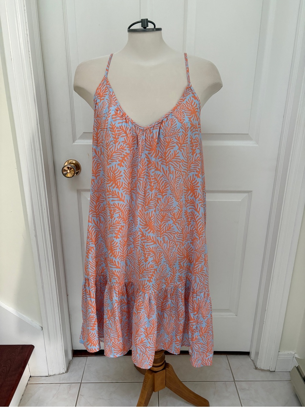 Joe Fresh Coral and Light Blue Leaf-Print Midi Dress with matching bikini top